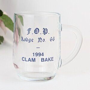 Vintage 1994 Clam Bake Glass Mug FOP Lodge 66 Clear Glass Collectible Police Cop